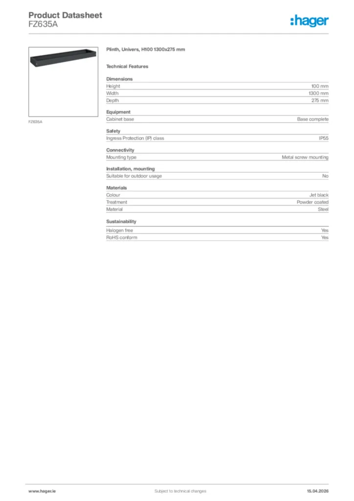 Image Hager Product data sheet FZ635A  | Hager