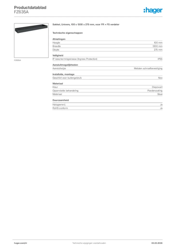 Afbeelding Hager Productdatablad FZ635A | Hager Nederland