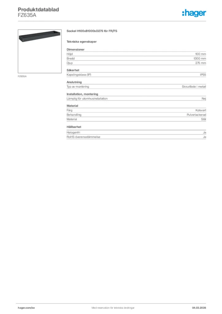 Bild Hager Produktdatablad FZ635A | Hager Sverige