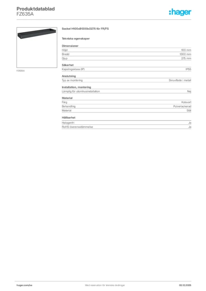 Bild Hager Produktdatablad FZ635A | Hager Sverige