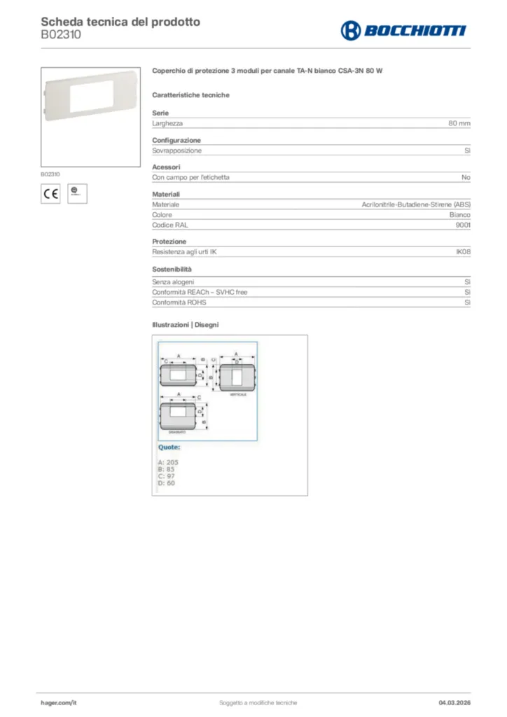 Immagine Bocchiotti Scheda tecnica del prodotto B02310 | Hager Italia