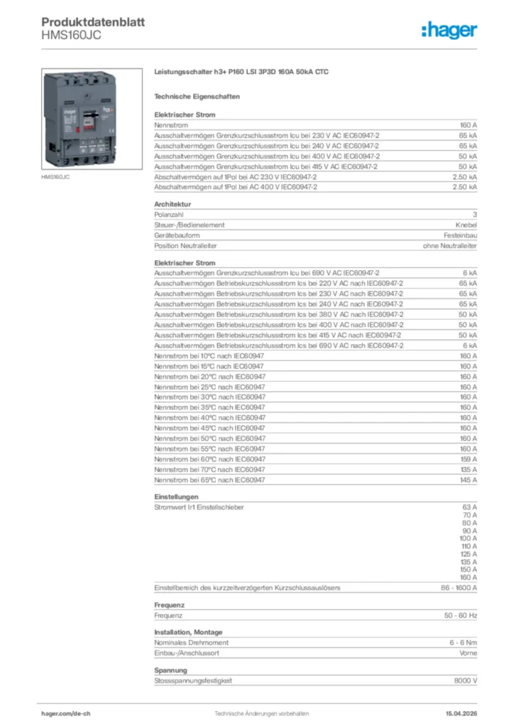 Bild Hager Produktdatenblatt HMS160JC | Hager Schweiz