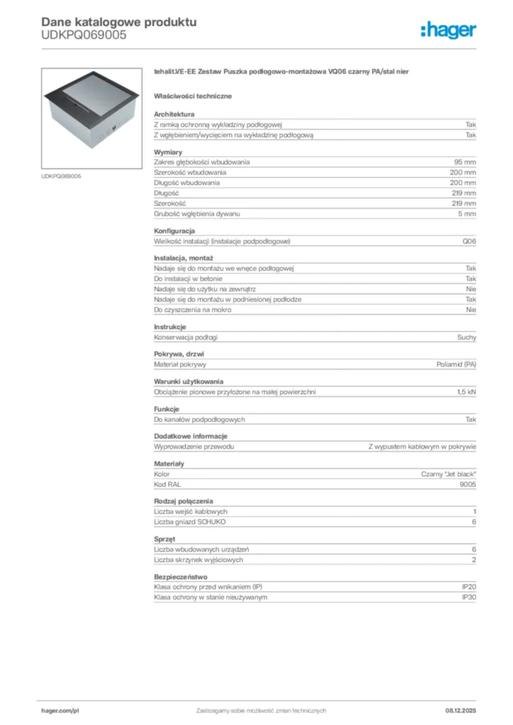 Zdjęcie Hager Karta katalogowa UDKPQ069005 | Hager Polska