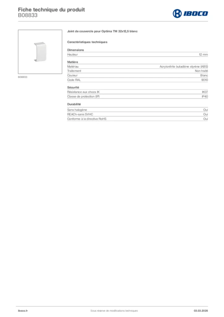 Image Iboco Fiche technique du produit B08833 | Hager France