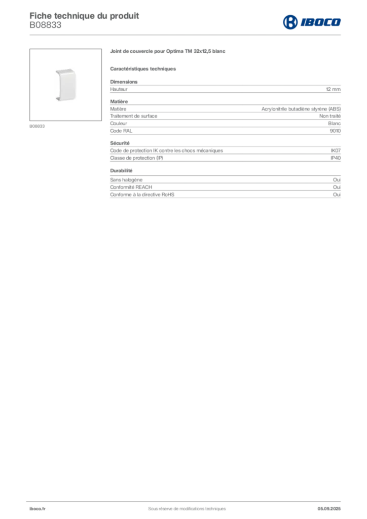 Image Iboco Fiche technique du produit B08833 | Hager France
