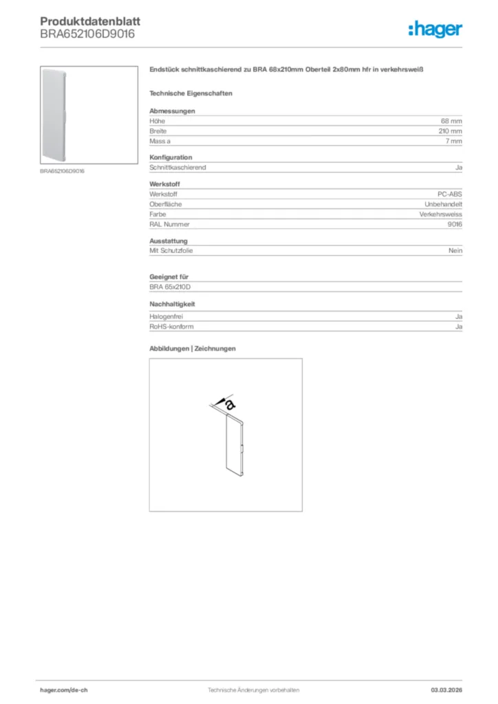 Bild Hager Produktdatenblatt BRA652106D9016 | Hager Schweiz