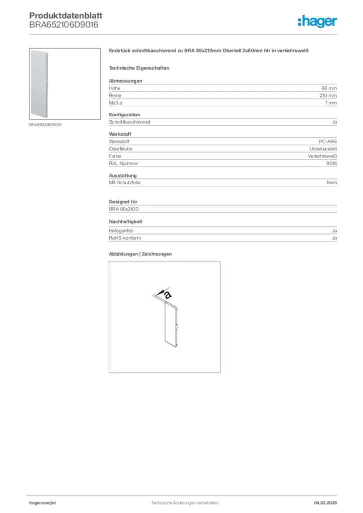 Bild Hager Produktdatenblatt BRA652106D9016 | Hager Deutschland