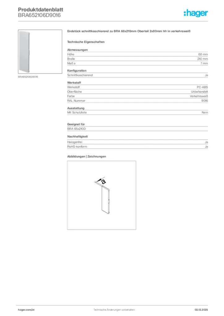 Bild Hager Produktdatenblatt BRA652106D9016 | Hager Deutschland