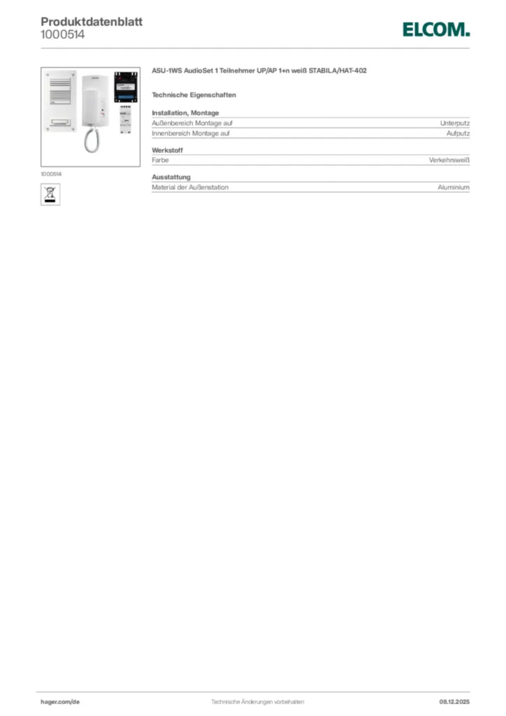 Bild Elcom Produktdatenblatt 1000514 | Hager Deutschland