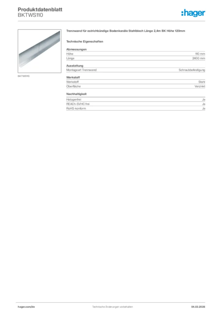 Bild Hager Produktdatenblatt BKTWS110 | Hager Deutschland