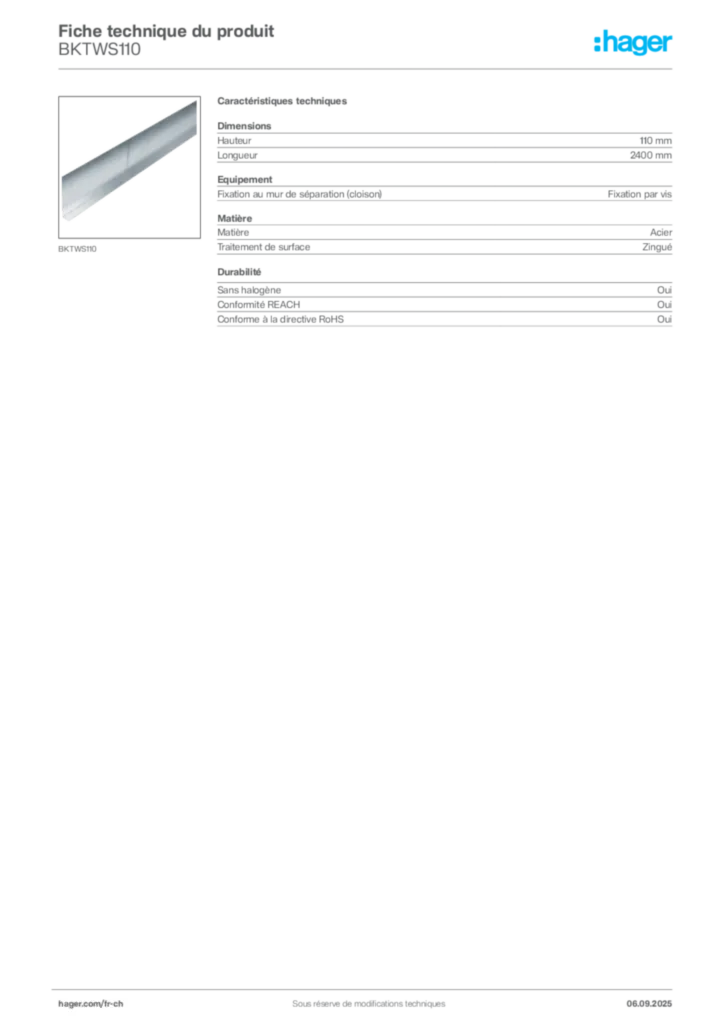 Image Hager Fiche technique du produit BKTWS110 | Hager Suisse