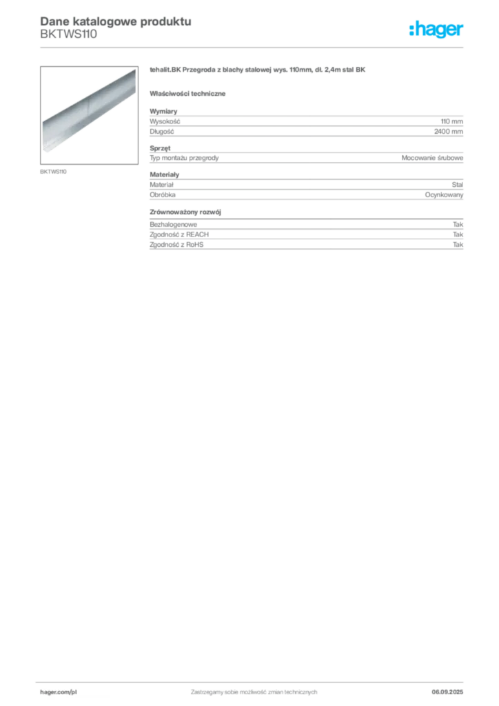 Zdjęcie Hager Dane katalogowe produktu BKTWS110 | Hager Polska