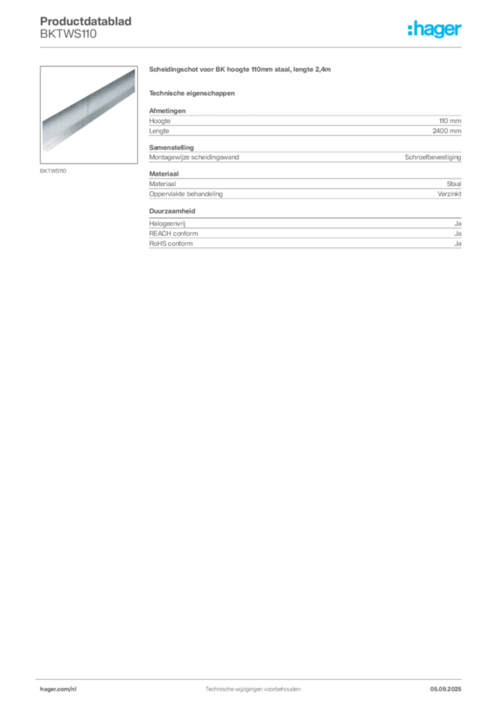 Afbeelding Hager Productdatablad BKTWS110 | Hager Nederland