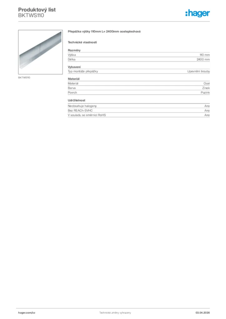Obrázek Hager Product data sheet BKTWS110 | Hager