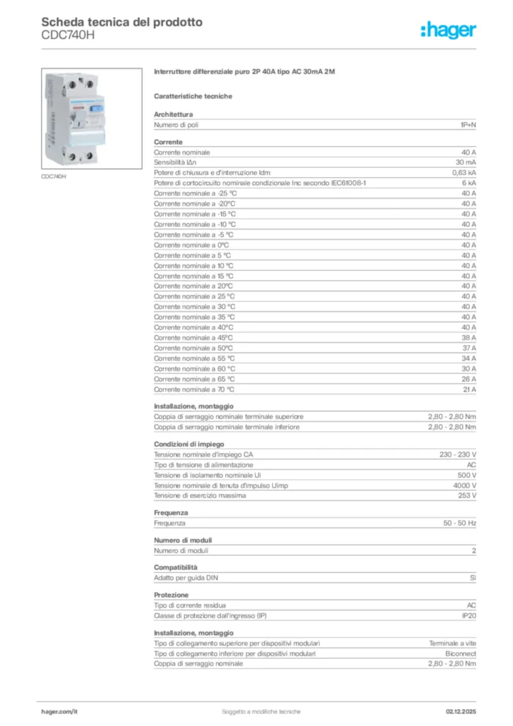 Immagine Hager Scheda tecnica del prodotto CDC740H | Hager Italia