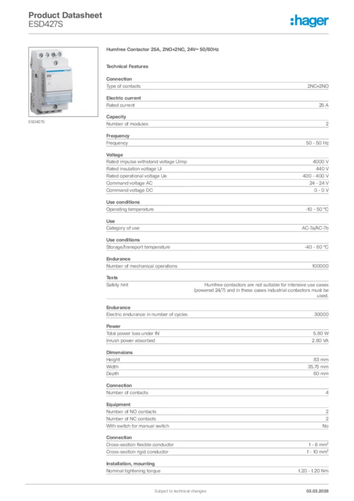 Image Hager Product data sheet ESD427S  | Hager Africa
