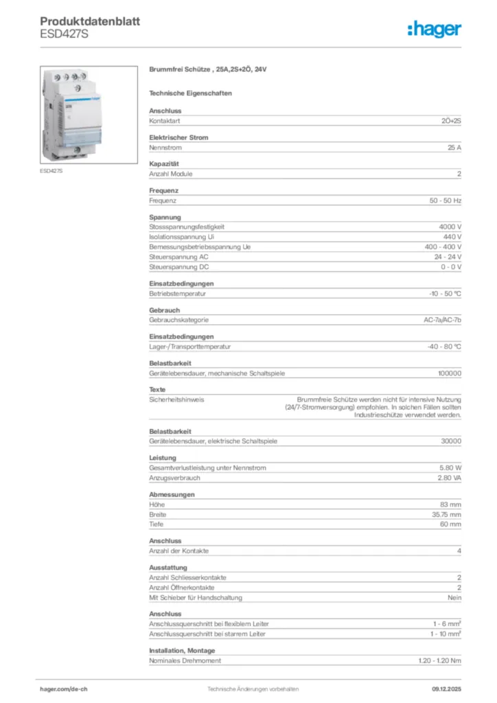 Bild Hager Produktdatenblatt ESD427S | Hager Schweiz