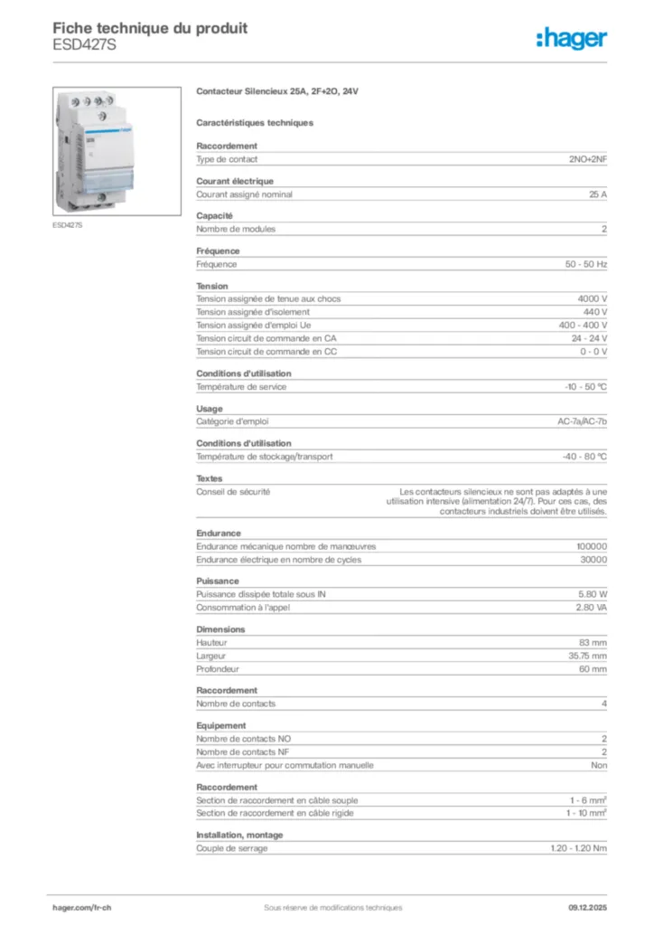 Image Hager Fiche technique du produit ESD427S | Hager Suisse