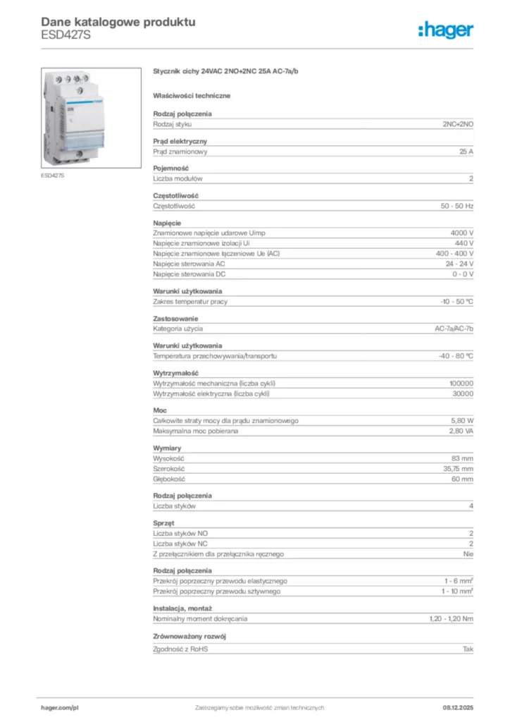 Zdjęcie Hager Karta katalogowa ESD427S | Hager Polska
