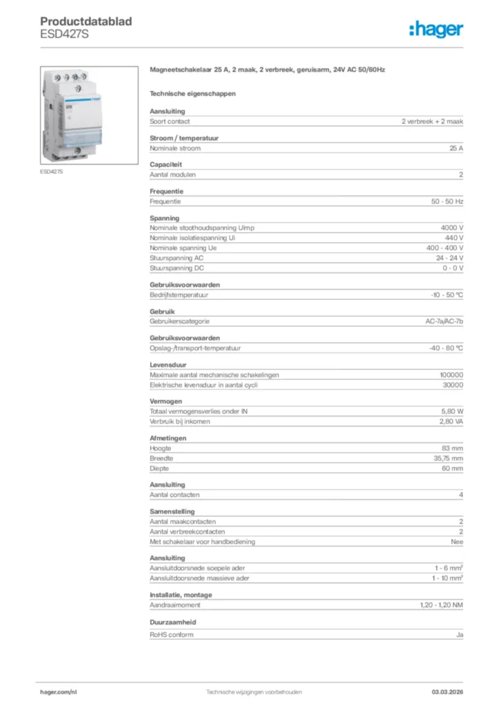 Afbeelding Hager Productdatablad ESD427S | Hager Nederland