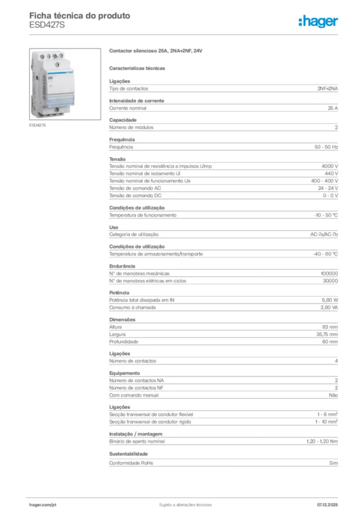 Imagem Hager Ficha técnica do produto ESD427S | Hager Portugal