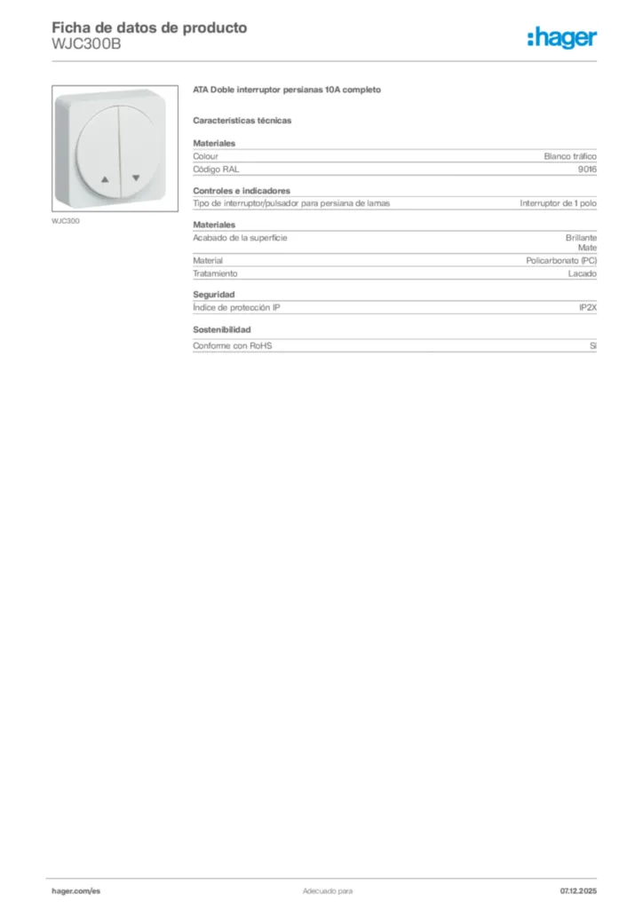 Imagen Hager Ficha de datos de producto WJC300B | Hager España