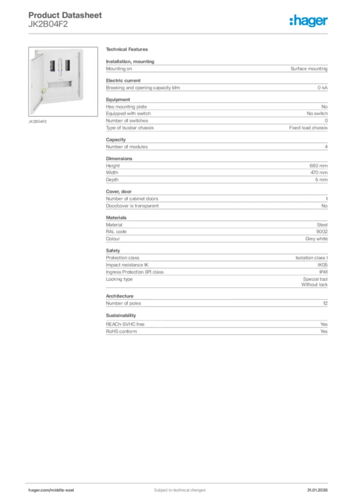 Image Hager Product data sheet JK2B04F2  | Hager