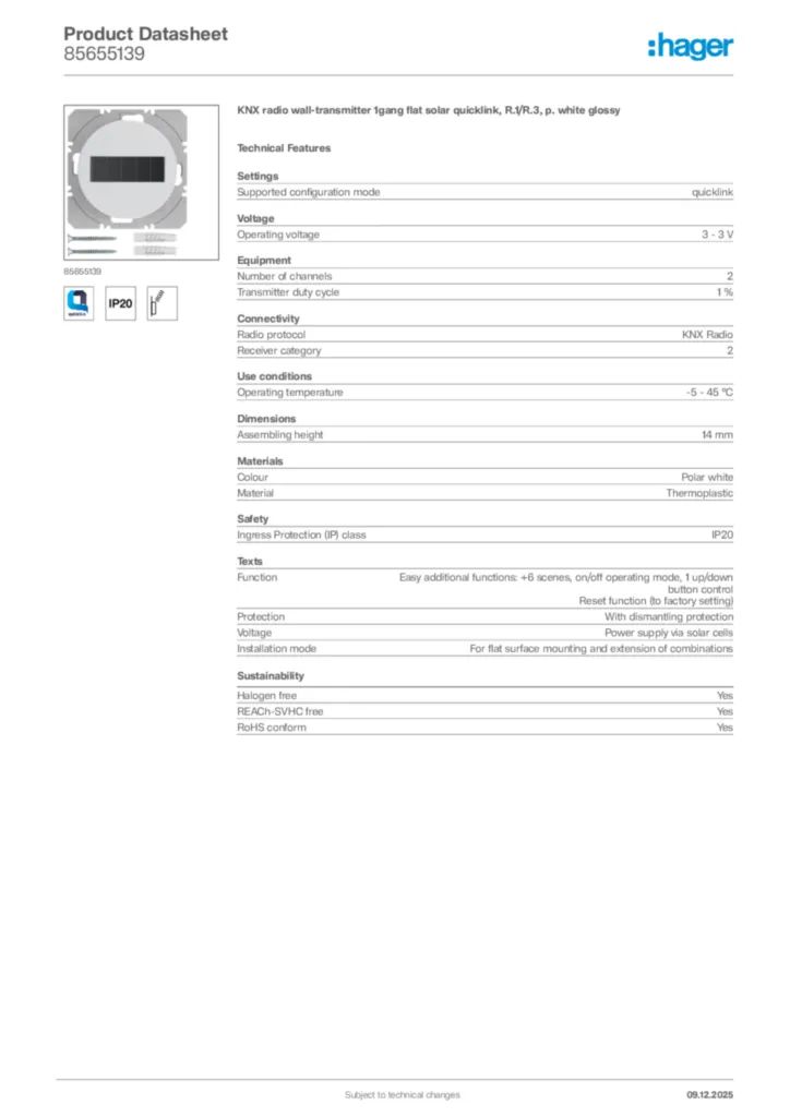 Image Hager Product data sheet 85655139  | Hager Africa