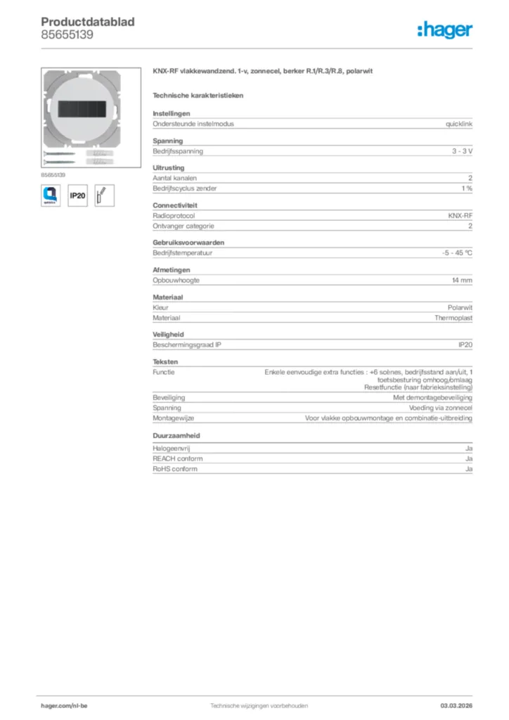 Afbeelding Hager Productdatablad 85655139 | Hager Belgium