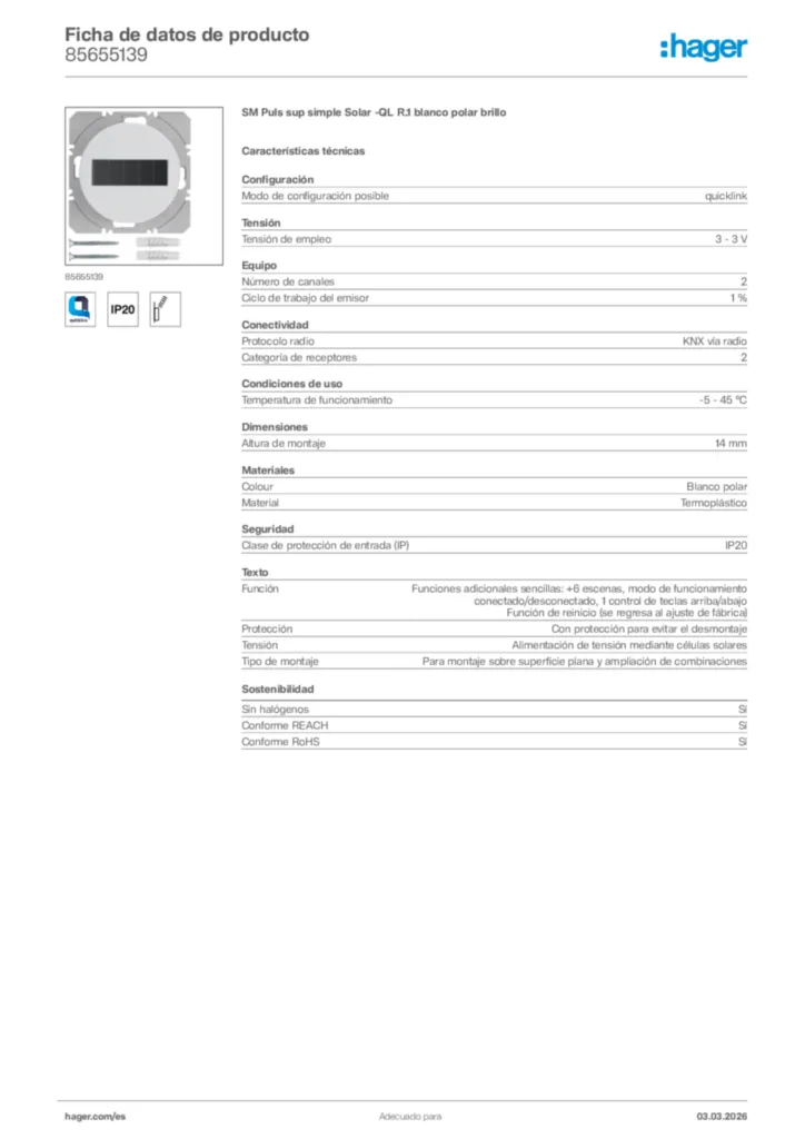 Imagen Hager Ficha de datos de producto 85655139 | Hager España