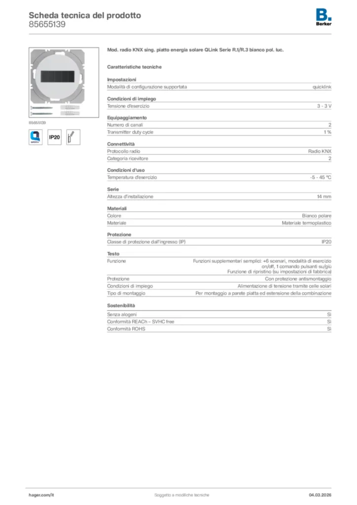 Immagine Berker Scheda tecnica del prodotto 85655139 | Hager Italia