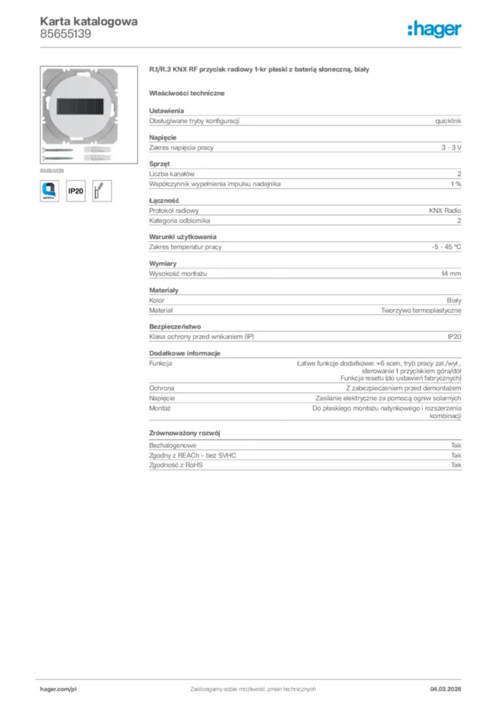 Zdjęcie Hager Karta katalogowa 85655139 | Hager Polska