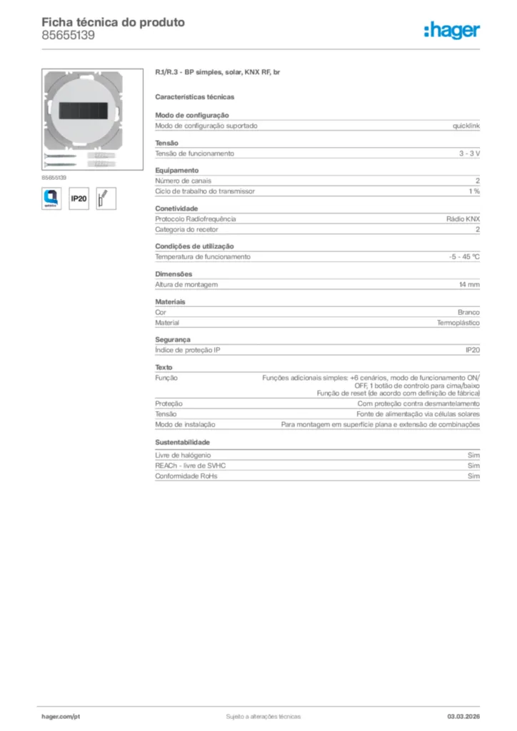 Imagem Hager Ficha técnica do produto 85655139 | Hager Portugal