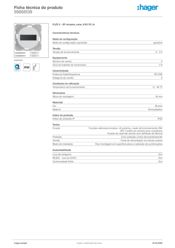 Imagem Hager Ficha técnica do produto 85655139 | Hager Portugal