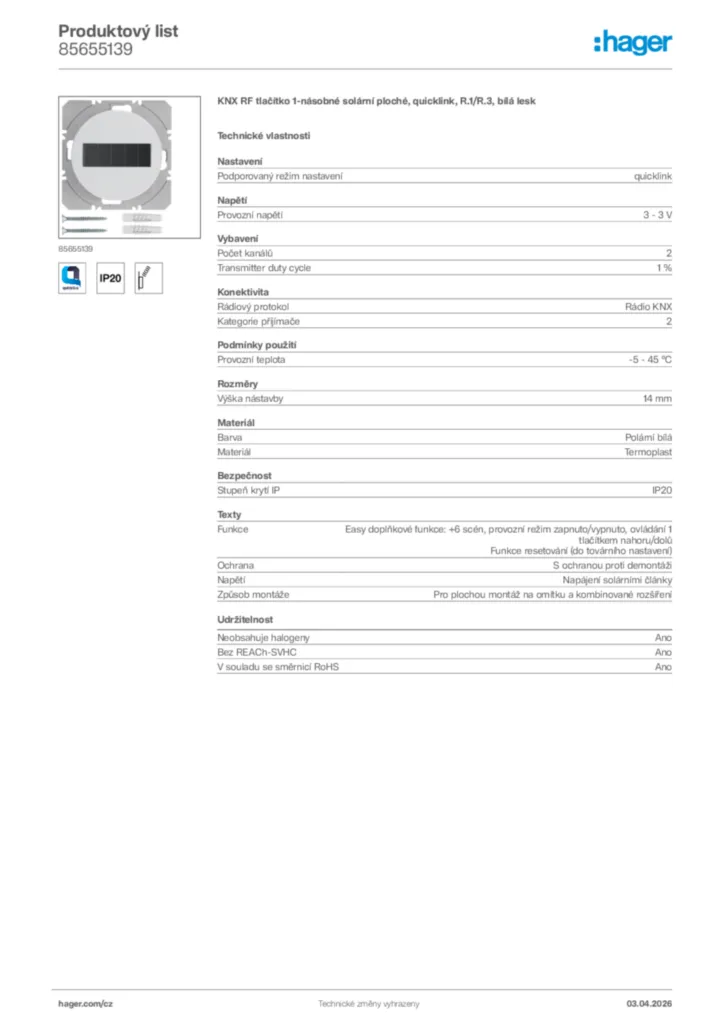 Obrázek Hager Product data sheet 85655139 | Hager