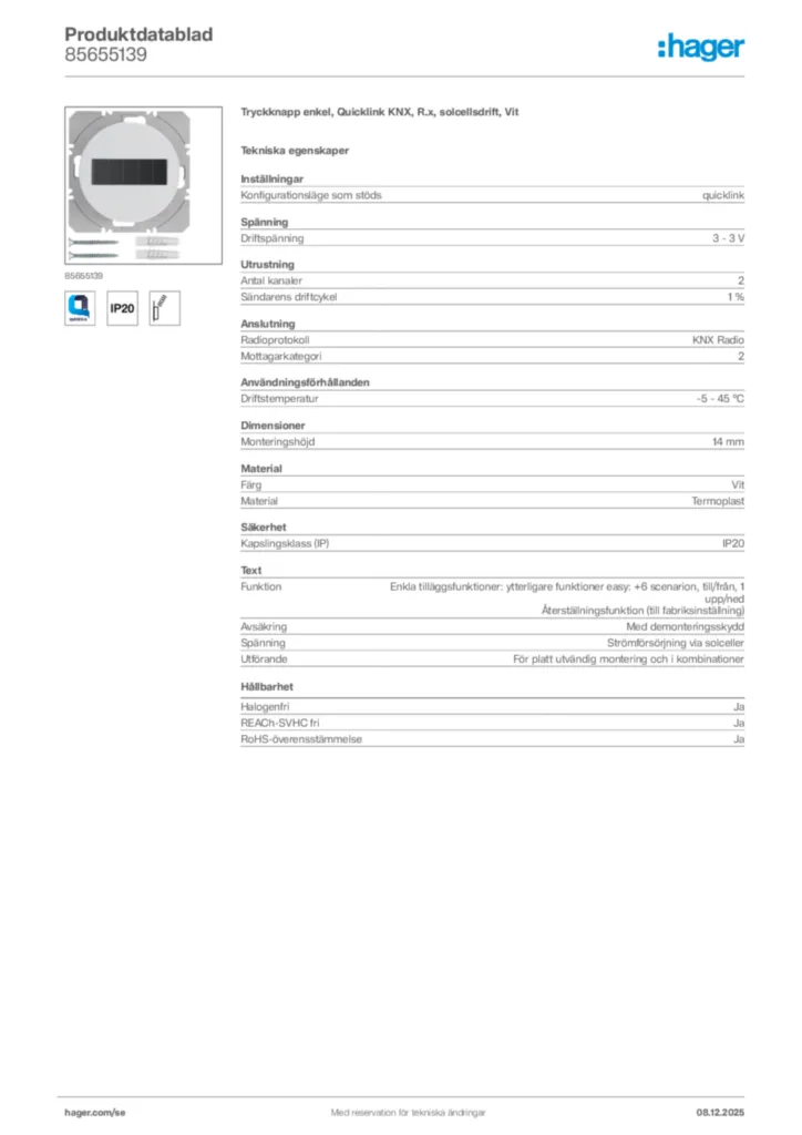 Bild Hager Produktdatablad 85655139 | Hager Sverige