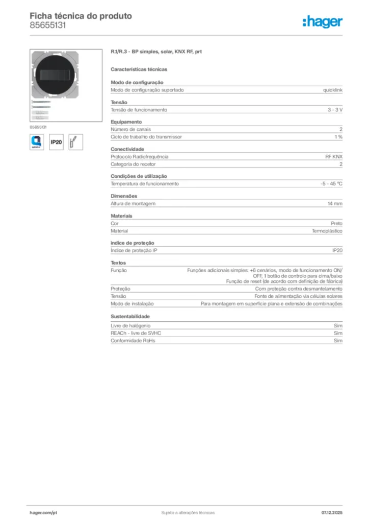 Imagem Hager Ficha técnica do produto 85655131 | Hager Portugal