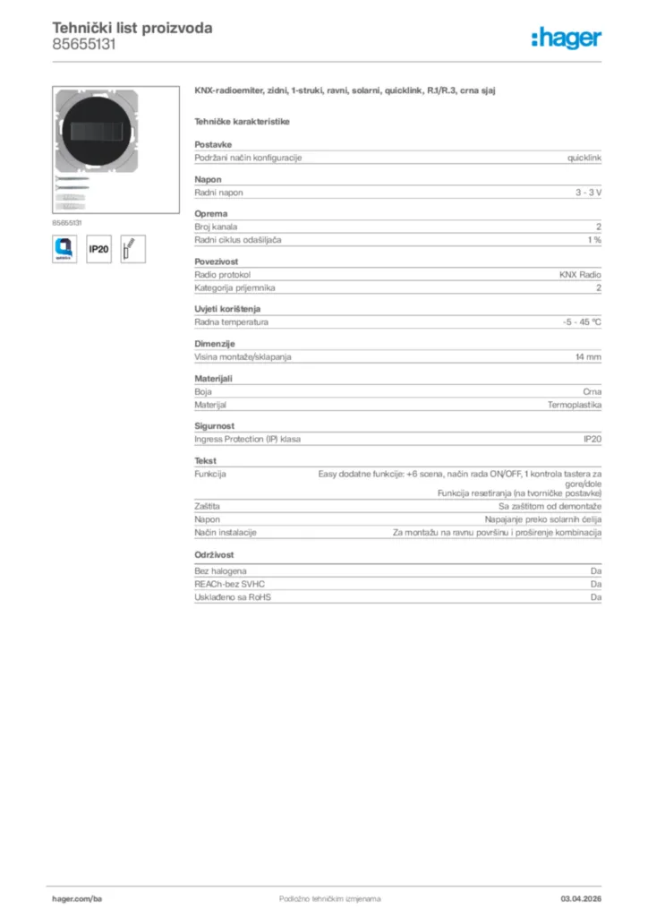 Slika Hager Tehnički list proizvoda 85655131  | Hager