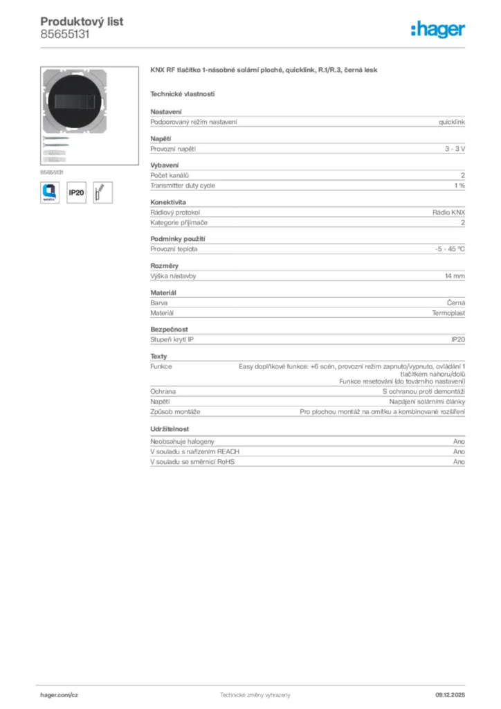 Obrázek Hager Product data sheet 85655131 | Hager