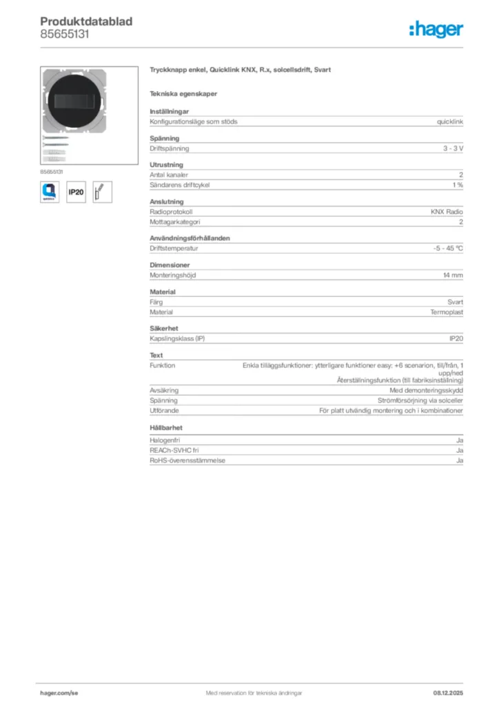 Bild Hager Produktdatablad 85655131 | Hager Sverige