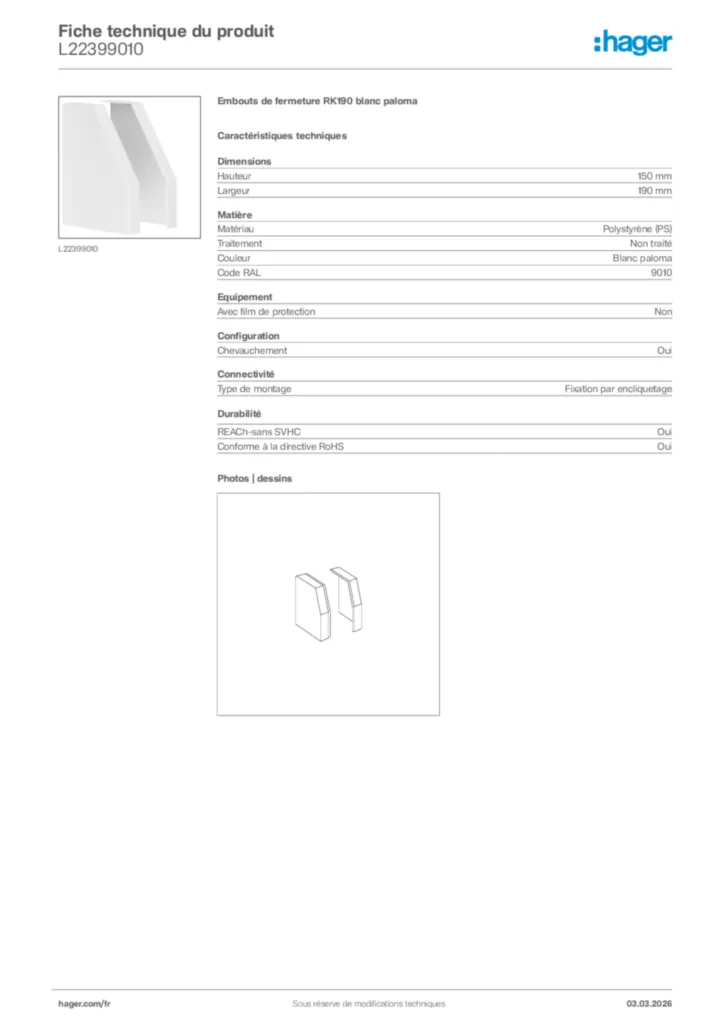 Image Hager Fiche technique du produit L22399010 | Hager France