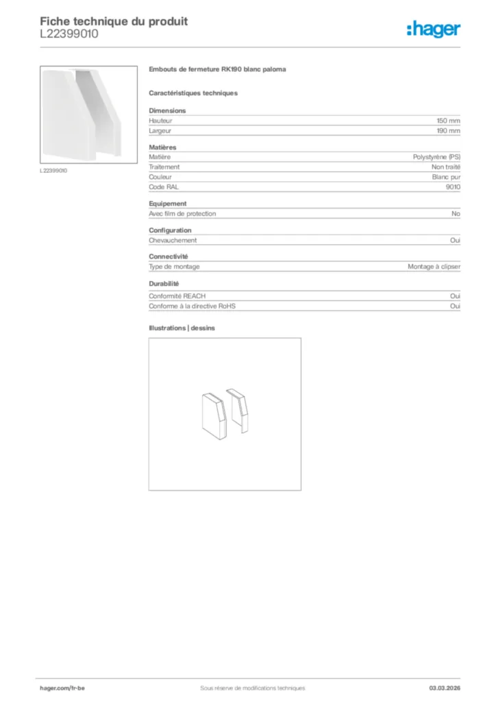 Image Hager Fiche technique du produit L22399010 | Hager Belgique