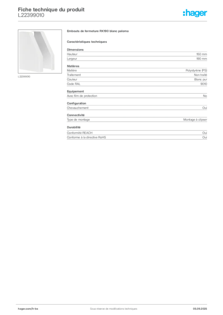 Image Hager Fiche technique du produit L22399010 | Hager Belgique