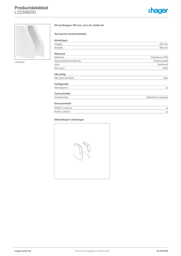Afbeelding Hager Productdatablad L22399010 | Hager Belgium