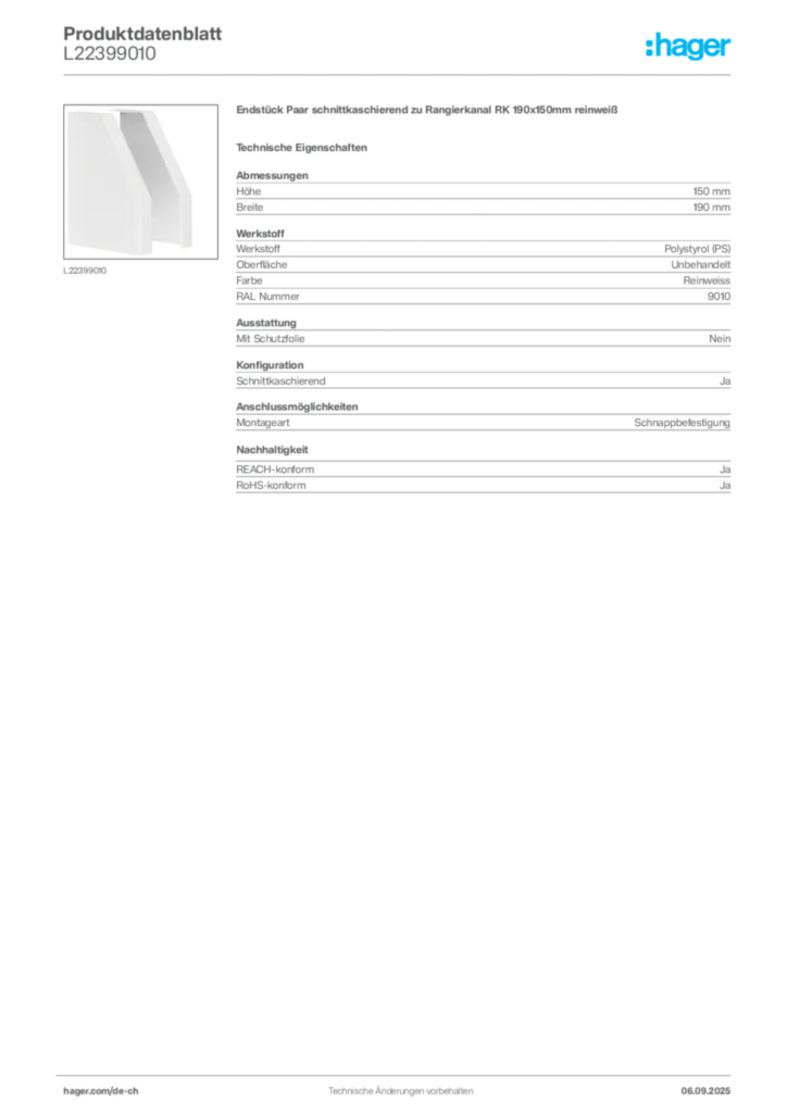 Bild Hager Produktdatenblatt L22399010 | Hager Schweiz