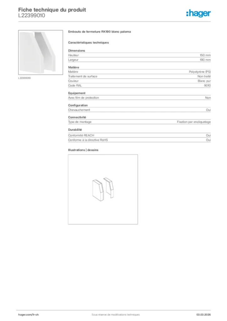 Image Hager Fiche technique du produit L22399010 | Hager Suisse