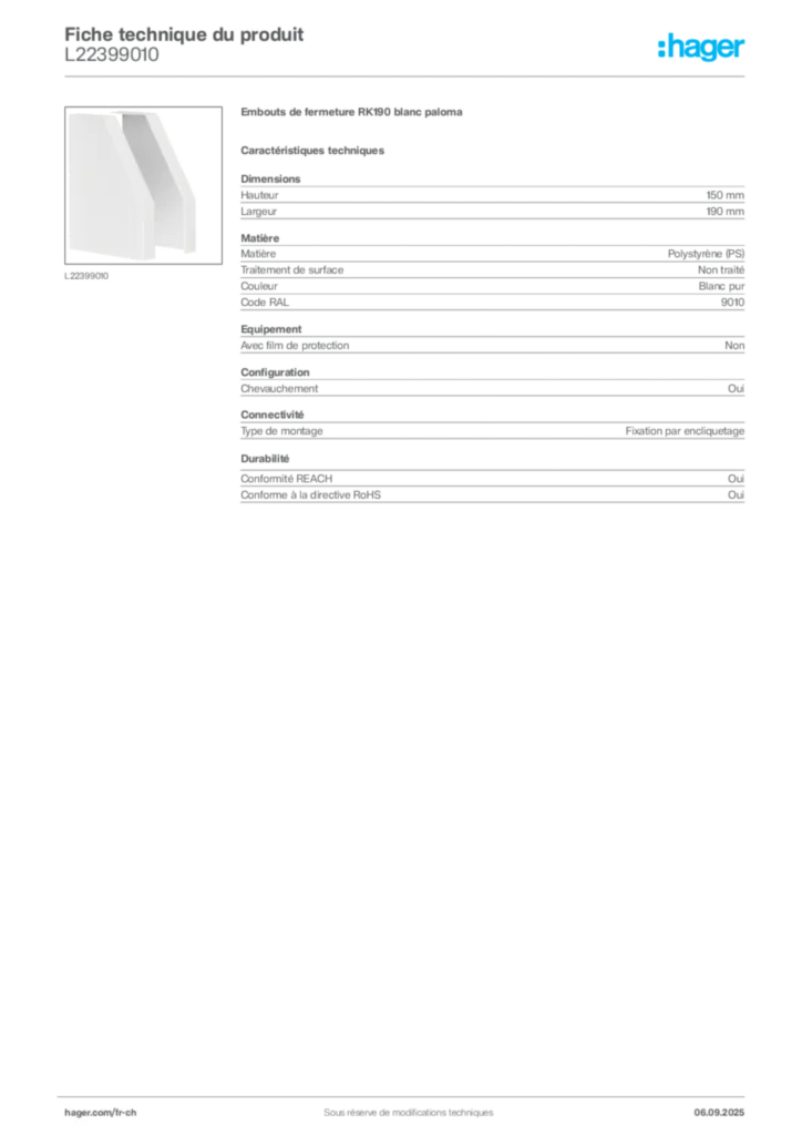 Image Hager Fiche technique du produit L22399010 | Hager Suisse