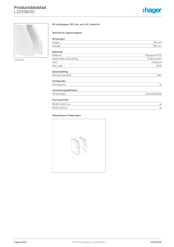 Afbeelding Hager Productdatablad L22399010 | Hager Nederland