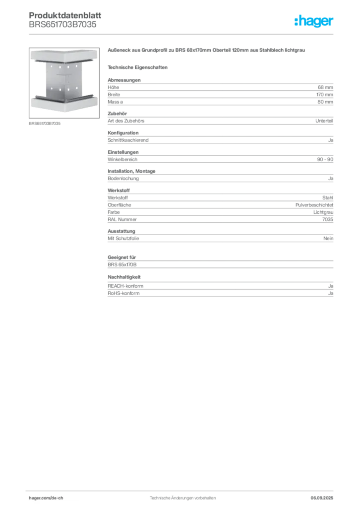 Bild Hager Produktdatenblatt BRS651703B7035 | Hager Schweiz