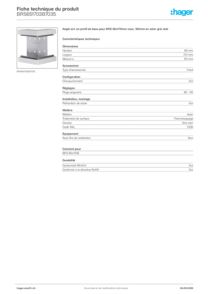 Image Hager Fiche technique du produit BRS651703B7035 | Hager Suisse